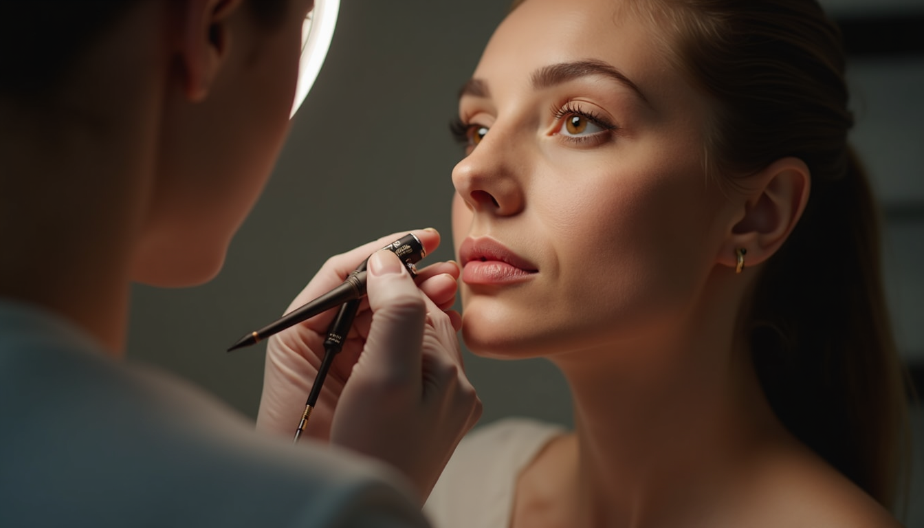 Femeie zâmbind cu buze micropigmentate, cu accent pe preț și beneficii