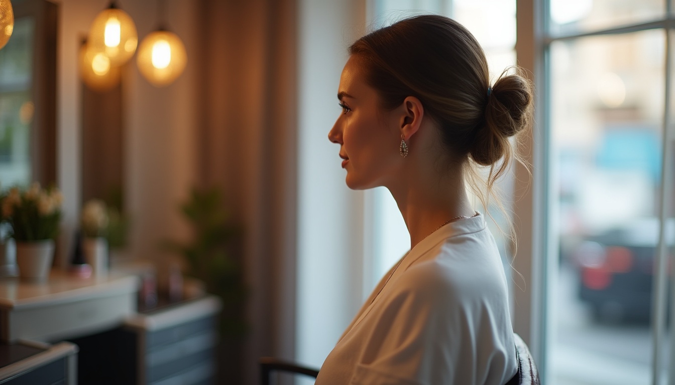 Femeie zâmbind cu sprâncene perfect conturate într-un salon modern de sprâncene