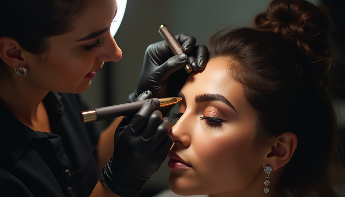 Femeie zâmbind cu sprâncene perfect conturate după un tatuaj fir cu fir